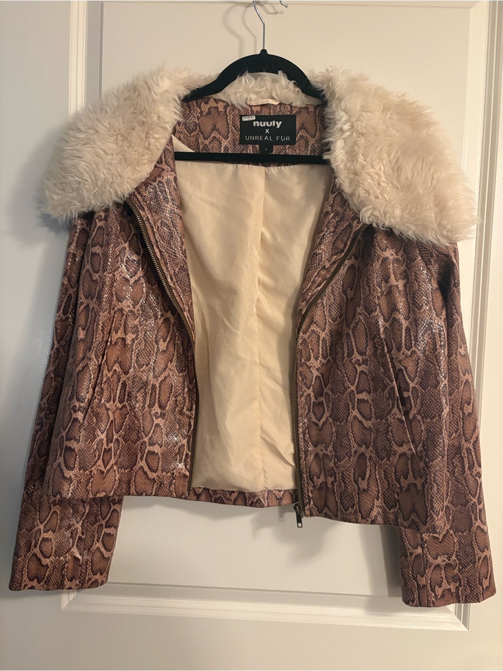 Brown Snakeskin Jacket with Cream Faux Fur Collar- Broken Zipper!